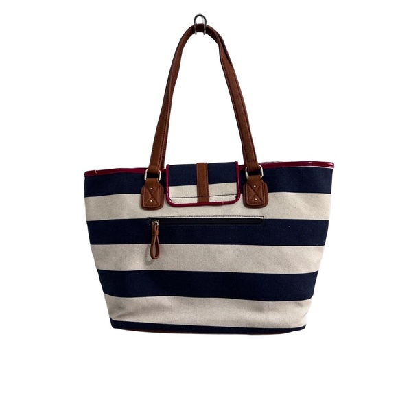 Tommy Hilfiger Striped Canvas Tote Bag Leather Trim Nautical Preppy Coastal Chic - Picture 3 of 16